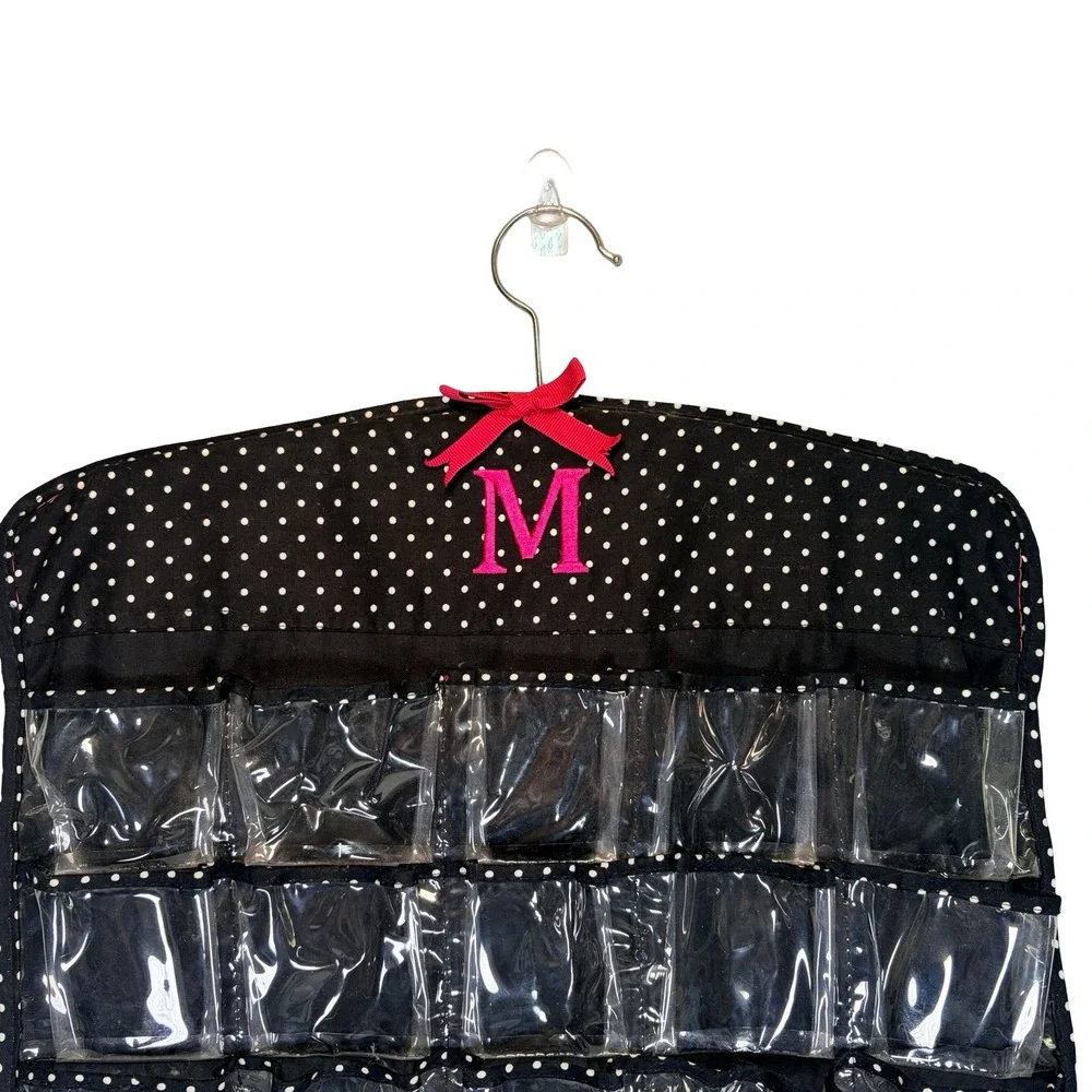 Monogram M‎ Hanging Jewelry Organizer Pink Black Polka Dot 66 Pockets DBL Sided